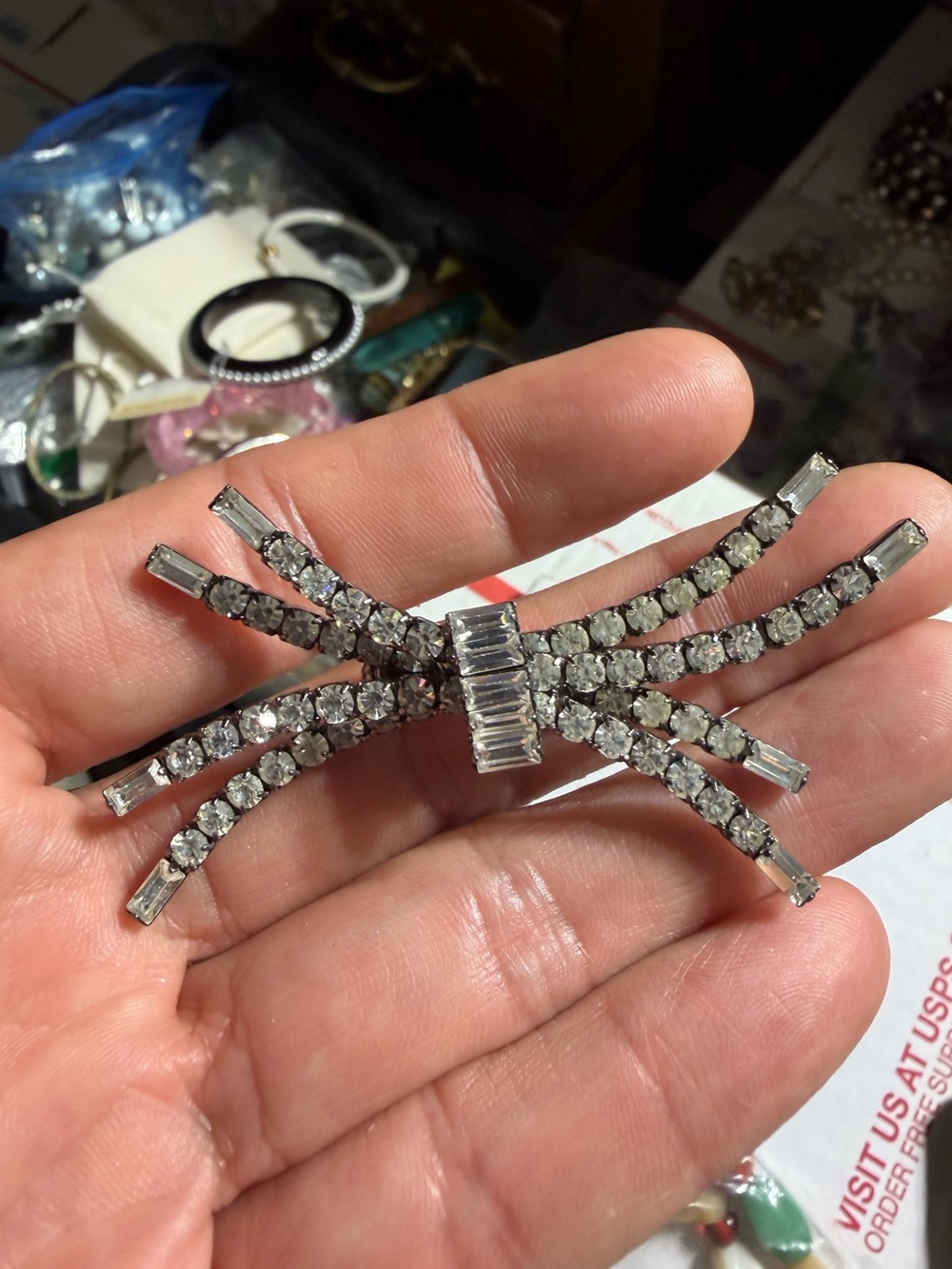 vintage silver tone prong-set rhinestone bow brooch